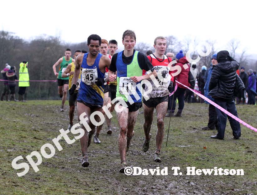 Michael Vennard (Vale Royal) leads 59 Matthew Shirling (Liverpool Harriers), 45 Tesfaye Debele (Leeds) and eventual winner 21 Calum Johnson (Gateshead) during the under-20 mens Northern Cross Country Champs, Knowsley Safari Park. Photo: David T. Hewitson/Sports for All Pics